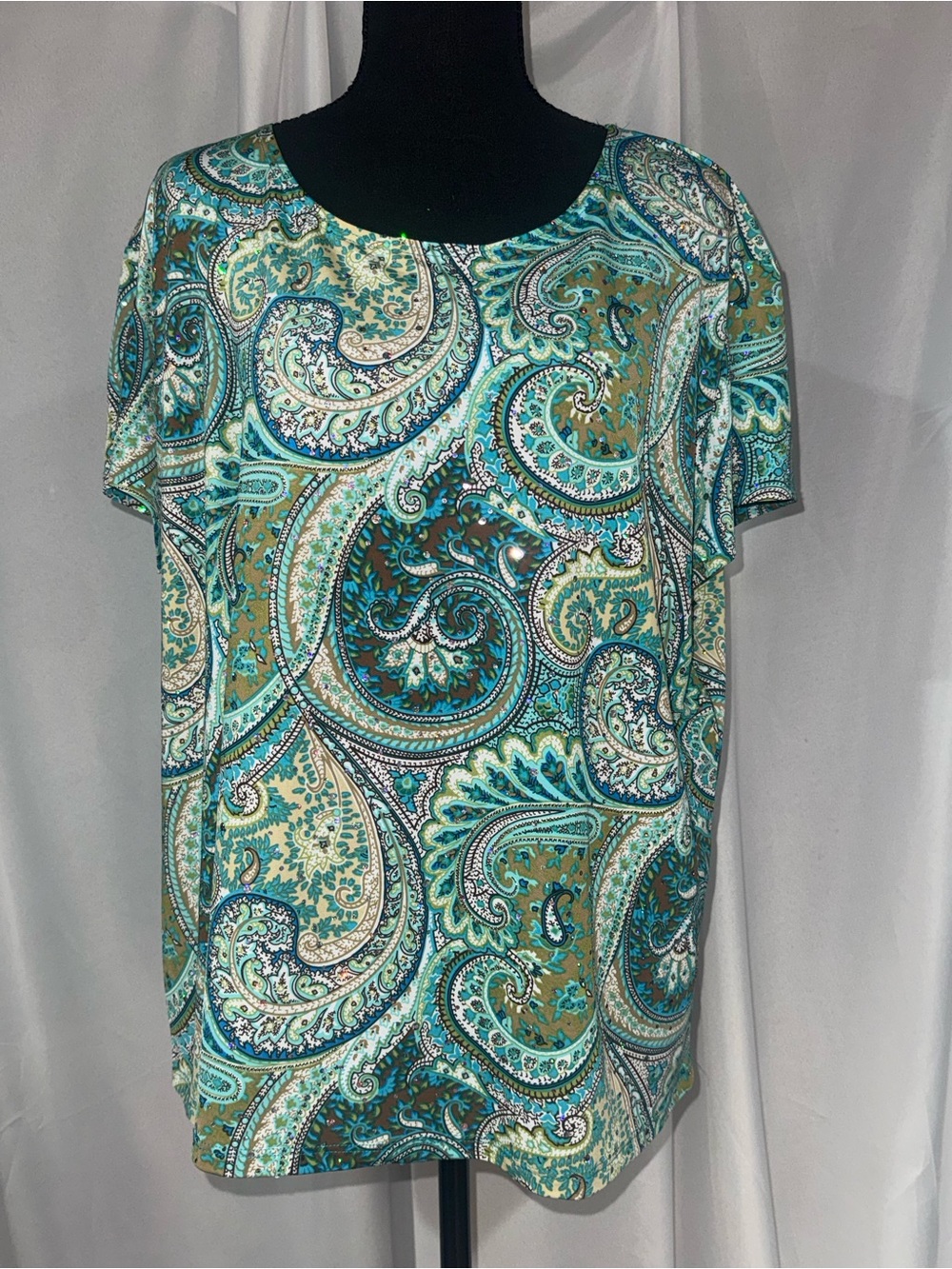 Brittany Black Teal Paisley Scoop-Neck Short Sleeve Top